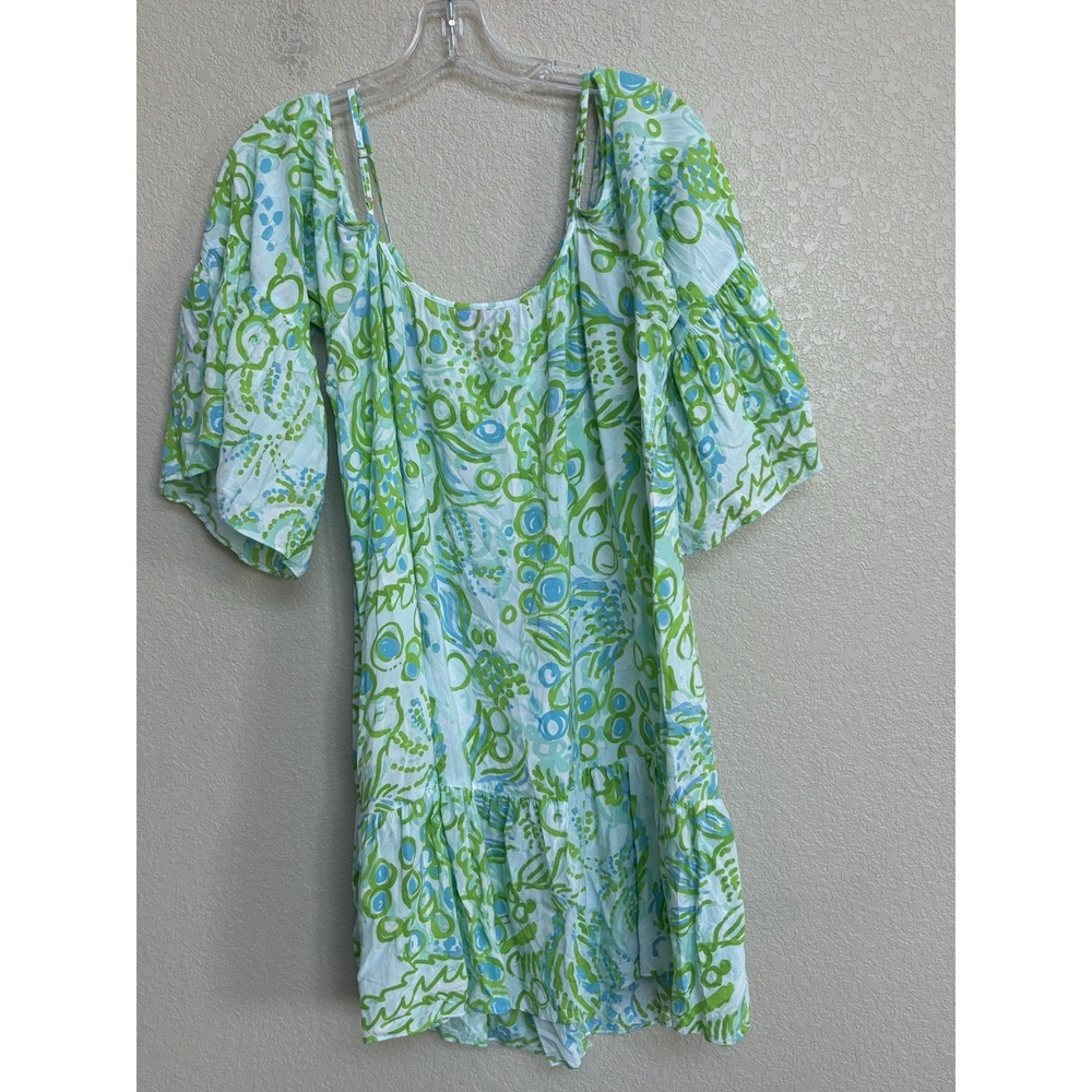 Lilly Pulitzer Green Blue Print Tassel Tie Mini Dress Medium Boho Resort - Picture 3 of 10